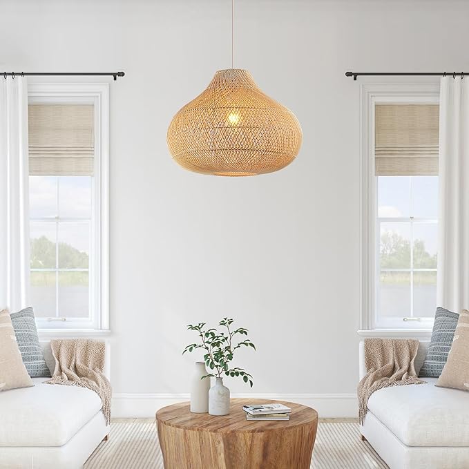 Large Rattan Pendant Light, 19.7" Rattan Boho Wicker Chandelier Hand-Woven Basket Pendant Light Fixtures for Dining Room Kitchen Island Living Room