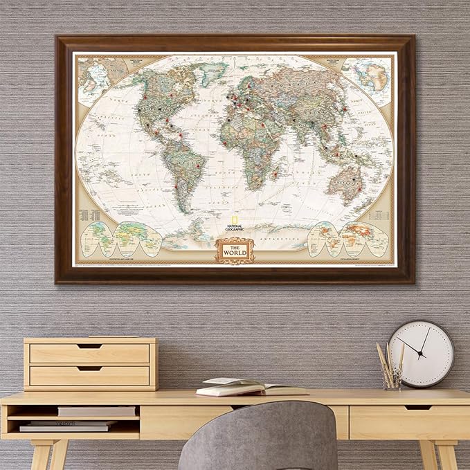 Push Pin Travel Maps Customizable Wall Art - Executive World - Brown Frame - Framed Pin Map, Includes 150 Pins - Handcrafted in USA - 27.5" x 39.5"
