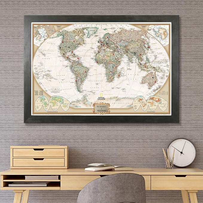 Push Pin Travel Maps Customizable Wall Art - Executive World - Rustic Black - Personalized Framed Pin Map, Includes 150 Pins - Handcrafted in USA - 27.5" x 39.5"