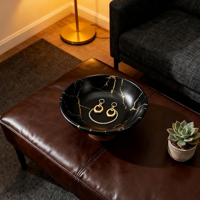 Black Marble Decorative Bowl with Wood Base – 11" Modern Pedestal Fruit Bowl for Dining Table, Kitchen or Entryway Décor