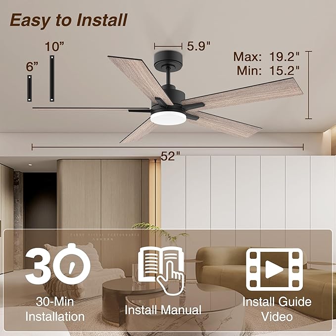 52” Smart Ceiling Fan with Lights Remote,Ultra Silent DC Motor,Control via Alexa Google Voice App WiFi,Outdoor Indoor Modern Ceiling Fans for Bedroom Patio Porch,Dimmable,Black Walnut Brown