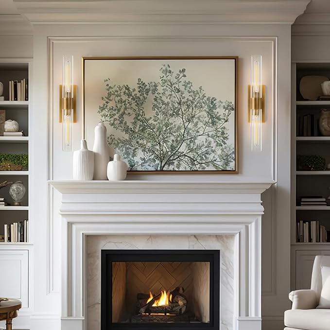 YUYI Wall Sconce, 22.8'' Brass Sconce Wall Lighting, Gold Bathroom Wall Light Fixture with Clear Glass Shade, Indoor Wall Sconce for Bathroom Vanity, Living Room, Bedroom, Hallway, Fireplace