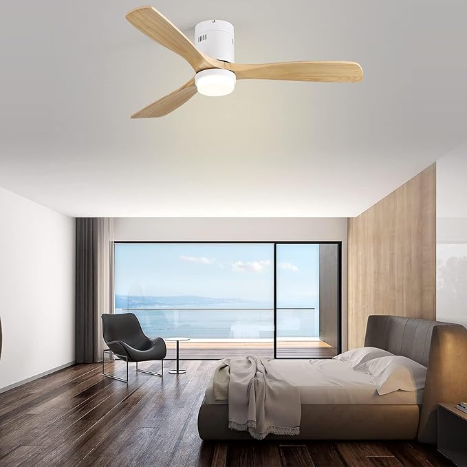 Sofucor 52 Inch Solid Wood Low Profile Flush Mount Ceiling Fan with Lights and Remote, Outdoor Modern Ceiling Fan with Light, Dimmable 3-CCT 6-Speed with Timer for Living Room Patios Office Bedroom