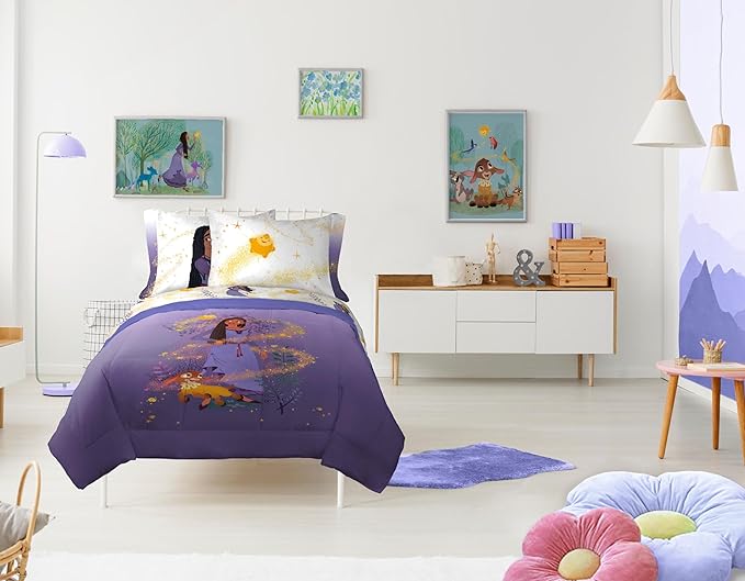 Jay Franco Disney Wish Twin Comforter Set - 5 Piece Bed Set Includes Sheet Set & Pillow Covers - Super Soft Kids Bedding Features Asha, Valentino & Star