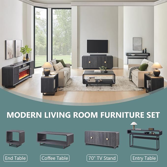 70" Modern TV Stand for TVs Up to 80 inches, 30" Tall Entertainment Center with Storage and Adjustable Shelves, TV Console with Curved Profile Design, Media Console for Living Room, Dark Grey