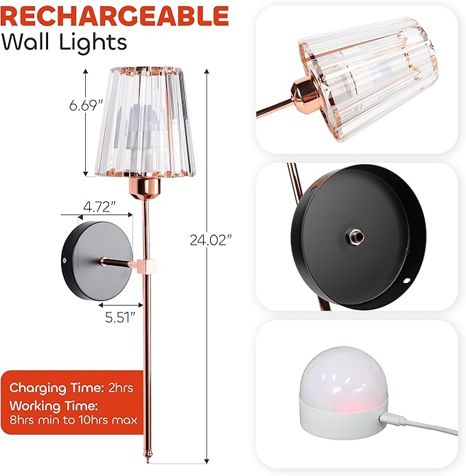 Battery Operated Wall Sconce Set of 2 – Wireless Rechargeable Wall Lights with Remote & Adjustable Brightness, Rose Gold Wall Lamp for Bedroom, Living Room, or Home Decor Lighting