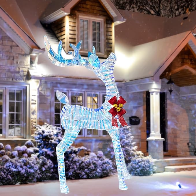 Light Up Iridescent Reindeer Christmas Decor, 50in Rainbow Glitter Metal Reindeer with 210 LEDs, Plug and Play, Ground Stakes and Zip Ties, Safe Material for Christmas Party Home Yard Decor