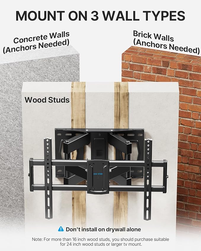 USX STAR Full Motion TV Wall Mount for 37-85 Inch TVs Mounts Up to 132lbs, Fit 16" Wood Stud, Max VESA 600x400mm, Swivel and Tilt Articulating Wall Mount TV Bracket,Fit Most 55+ 65 70 75 inch TVs