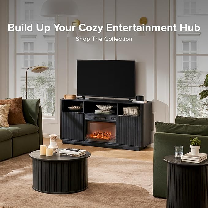 mopio Brooklyn 59" Fluted Tall TV Stand for 32/42/55/60/65 Inch TVs, Fireplace Television Console, Media Storage Cabinet, Entertainment Center for Living Room, TV Table, Credenza (Black, with Insert)