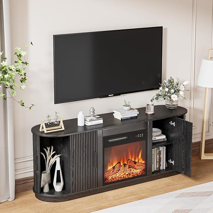 Fluted TV Stand with Fireplace, 60" Modern Fireplace TV Stand for Living Room, Entertainment Center with 18" Electric Fireplace, Curved Design Media Console Cabinet for Living Room (Black)