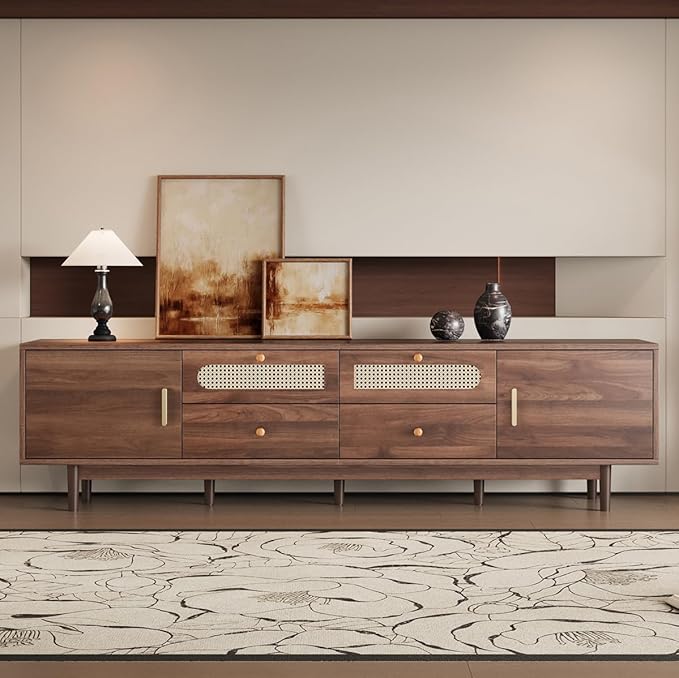 76" Wood TV Stand with Drop-Down Door Cabinet, Modern Entertainment Center with Drawers and Doors, Media TV Console with Woven Rattan, Dark Brown (Dark Brown)