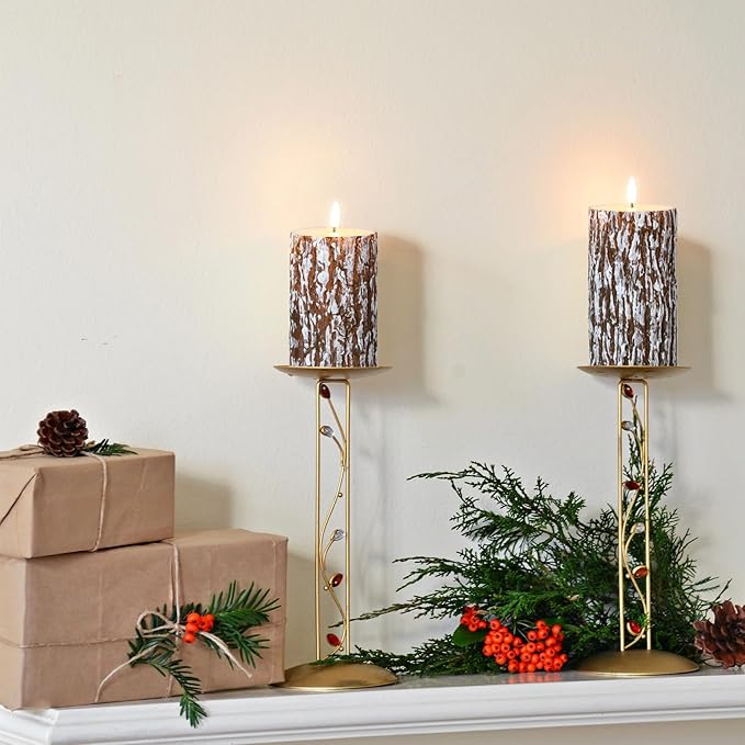 Eywamage Brown Pine Bark Flameless Pillar Candles with Remote, Farmhouse Battery Operated LED Wood Candles Set of 3