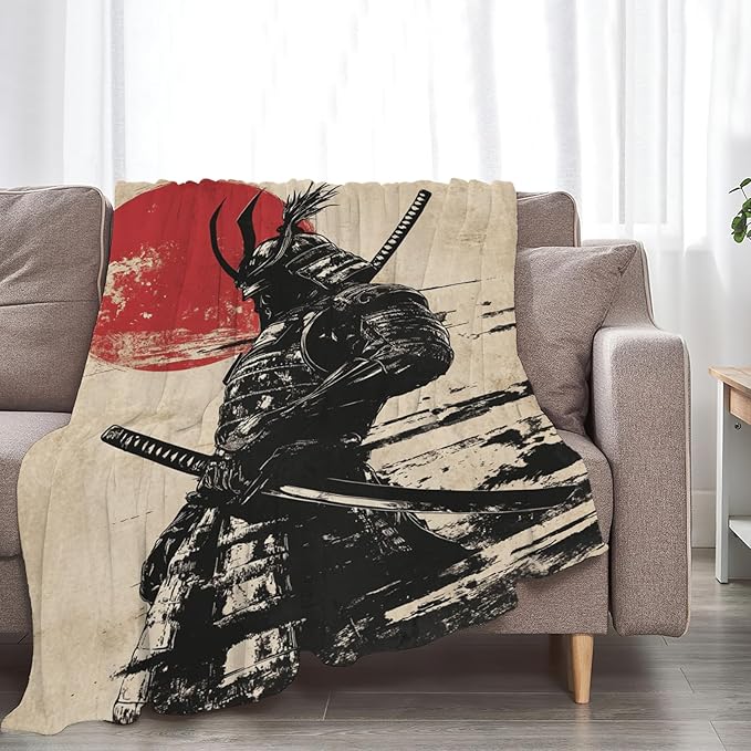 Tijuboni Japanese Samurai Throw Blanket Japanese Warrior Gifts for Men Women Girls Boys Kids Adults Soft Flannel Fleece Blanket for Couch Sofa Bed Home Decor 50"x60"