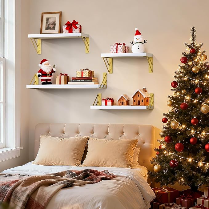 BAYKA Wall Shelves for Bedroom Decor, Floating Wall Shelf for Living Room Kitchen Storage, Mounted Rustic Wood Shelves for Kids Books, Corner Shelf for Bathroom(White and Gold,Set of 4)