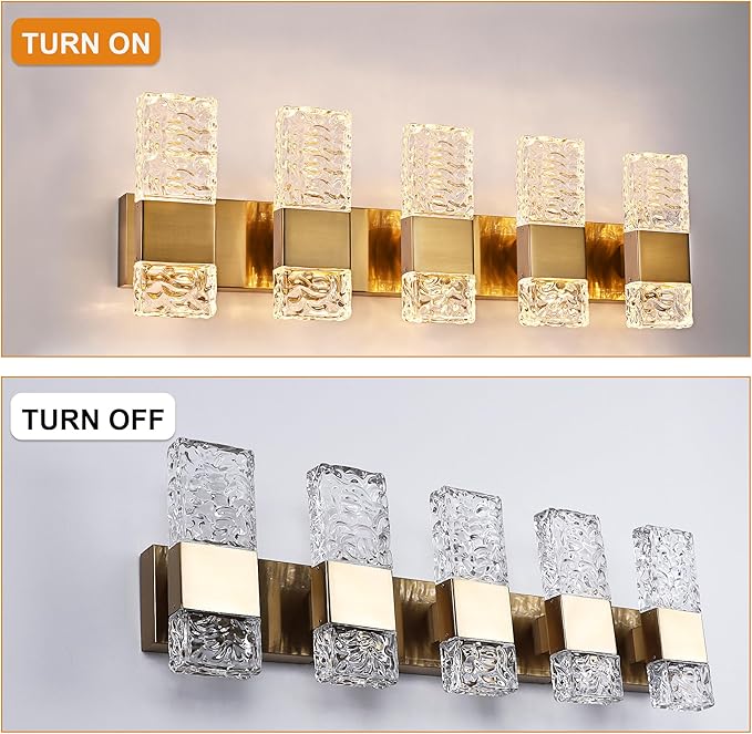 VINLUZ LED 40W Modern Bathroom Lighting Fixture 5 Light in Brushed Brass Finish,Farmhouse Vanity Lights with Crystal Lampshade,Metal Indoor Wall Lamp Over Mirror