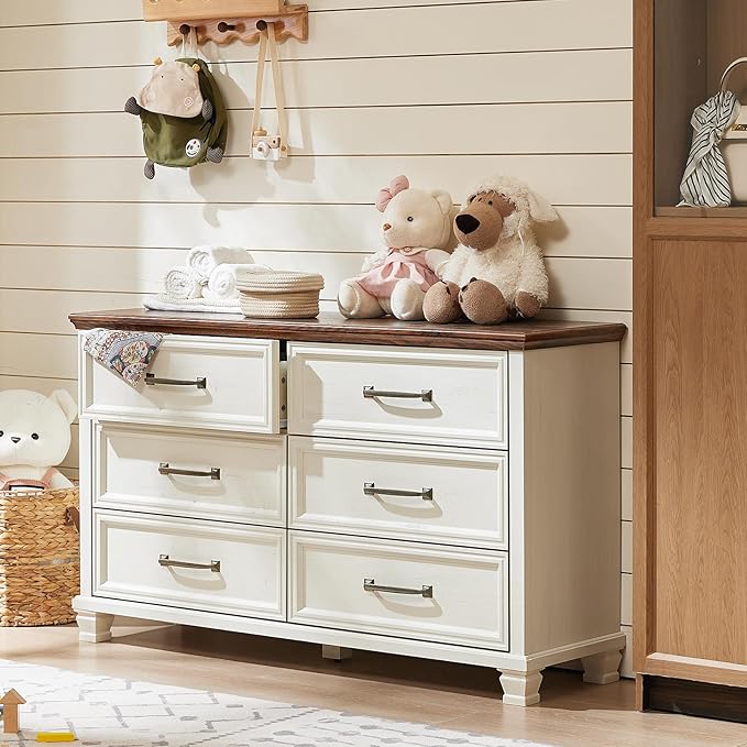 Farmhouse White 6 Drawer Dresser for Bedroom, 54 inch Wide Vintage Large Chest of Drawers with Square Wood Legs, Rustic TV Console for Living Room, Wooden Storage Closet Dressers for Home