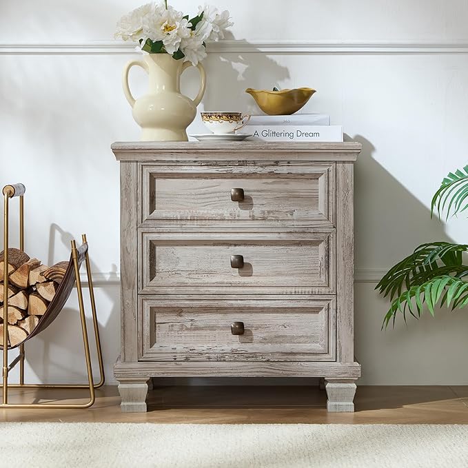 Farmhouse Nightstand Set of 2, Rustic Accent End Table with 3 Drawers & 4 Square Solid Wood Legs, Vintage Bed Side Table with Storage, Small Dresser for Bedroom, Living Room, Grey