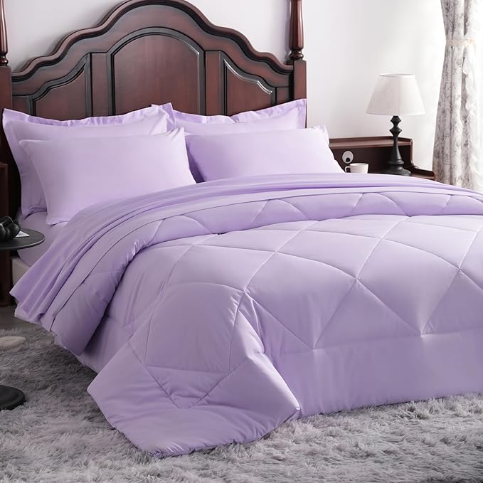 NTBAY Queen Comforter Set with Sheets, 7 Pieces Soft and Breathable Queen Bedding Set, Bed in a Bag, Down Alternative Comforter Set Solid Color All Season, Queen Bedding Set, Light Purple