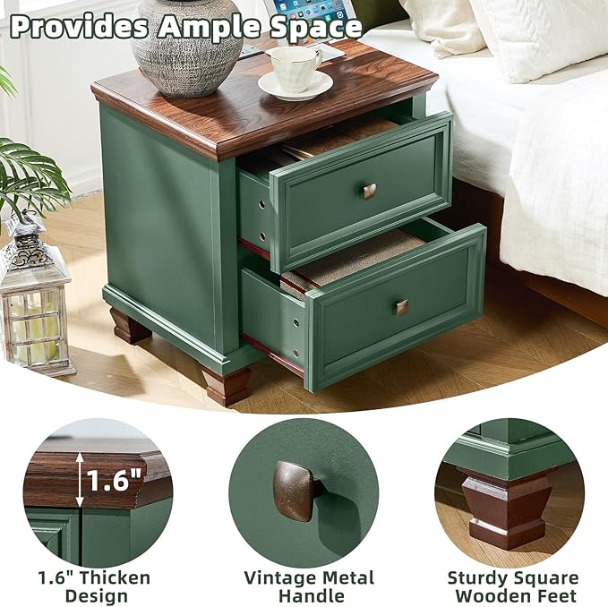Farmhouse Nightstand Set of 2 for Bedroom, Mid-Century Low Nightstands with 2 Drawers & Charging Station, Vintage Night Stands with 4 Square Solid Wood Legs, Small Dresser for Home, Green