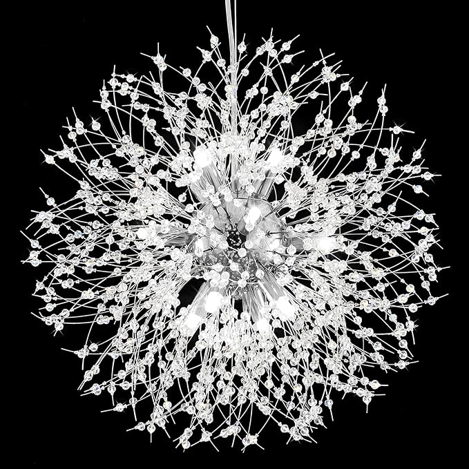 Qamra Modern Crystal Chandeliers, Chrome Firework Dandelion Sputnik Chandelier Light Fixture Pendant Lighting for Dining Room, Bedroom, Kitchen, Living Room(9-Light, Chrome)