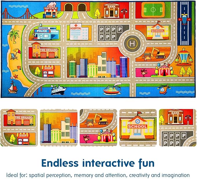 Booom Jackson Kids Rug - 4.9x6.6ft Colorful Non-Slip Traffic Playmat for Playroom & Classroom - Blue Race Track Mat