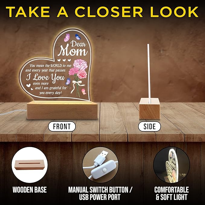 Acrylic Night Light - You Mean The World to Me - Acrylic Light Gift for Mom from Son, Daughter on Mothers Day - Birthday Gifts to Mom