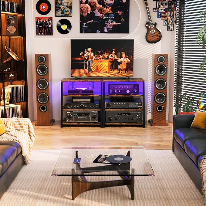 AV Media Stand with Outlets, Media Console with LED Lights, Stereo Racks and Stands with Storage Shelves, Media Audio Tower Cabinet, Rustic Brown