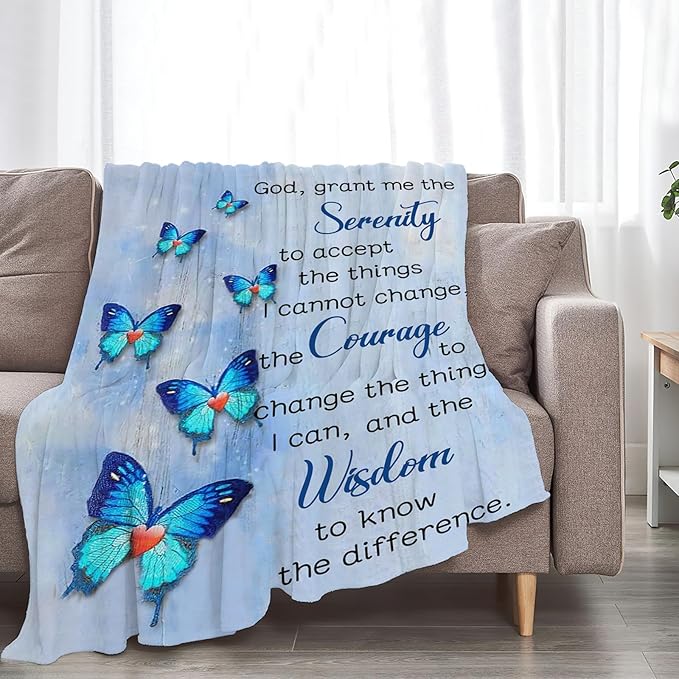 Tijuboni Christian Serenity Prayer Throw Blanket Blue Butterfly Gifts for Women Men Girls Boys Kids Adults Soft Flannel Fleece Blanket for Couch Sofa Bed Home Decor 40"x50"