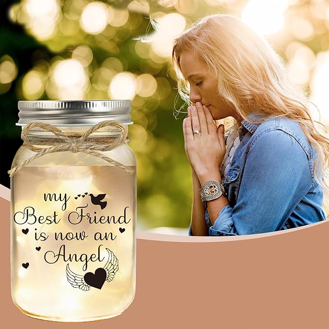 Memorial Gifts Mason Jar Light, Loss of Best Friend, in Memory of BFF, Angel Friend, Heart and Wings, Thoughtful Sympathy, Remembrance Gift