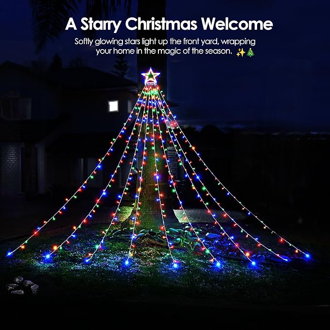 WBao Outdoor Christmas Decorations with 12" Star Topper, 344 LED 11.9ft Waterfall Christmas Lights with Remote Control, 8 Modes, 3 Timers, UL Listed, Waterproof for Tree Roof Porch Decor, Multicolor