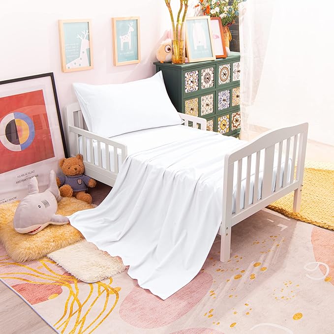 NTBAY Toddler Bedding Set - 4 Piece Soft and Breathable Crib Bedding Set for Boys and Girls, Includes Quilted Comforter, Fitted Sheet, Flat Top Sheet and Envelope Pillowcase, White