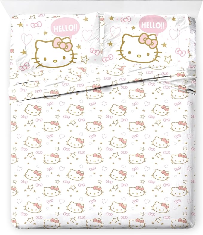 Jay Franco Hello Kitty Queen Comforter Set - 7 Piece Bedding Includes Sheet Set & Pillow Covers - Super Soft Pink Bedding