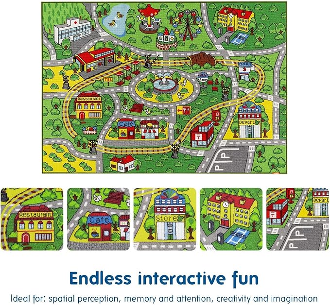 Booooom Jackson Large Car Rug 4’4" × 6’3",Train Track Car Mat for Kids Toy Cars,City Road Car Carpet,Kids Play Rug,Playmat Race Track Play Mat Playroom Area Rug