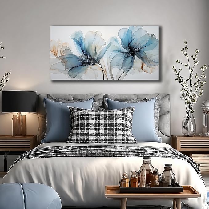 LAOTOART Flower Pictures Wall Decor For Bedroom Blue Canvas Wall Art For Office Women Modern Canvas Wall Art For Living Room Size 20 x 40 Inch