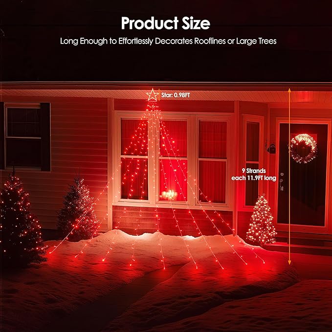 WBao 344 LED Christmas Lights Outdoor Decorations with 12" Star Topper, 11.9ft Waterfall Christmas Lights, Remote Control 8 Modes, 3 Timers, UL Listed Waterproof for Tree Roof Porch Xmas Decor, Red