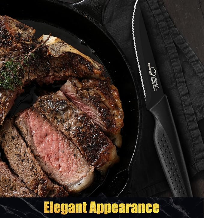 Amorston Steak Knives, Steak Knives Set of 8, Stainless Steel Steak Knife Set, Serrated Knives Dishwasher Safe, Elegant Black