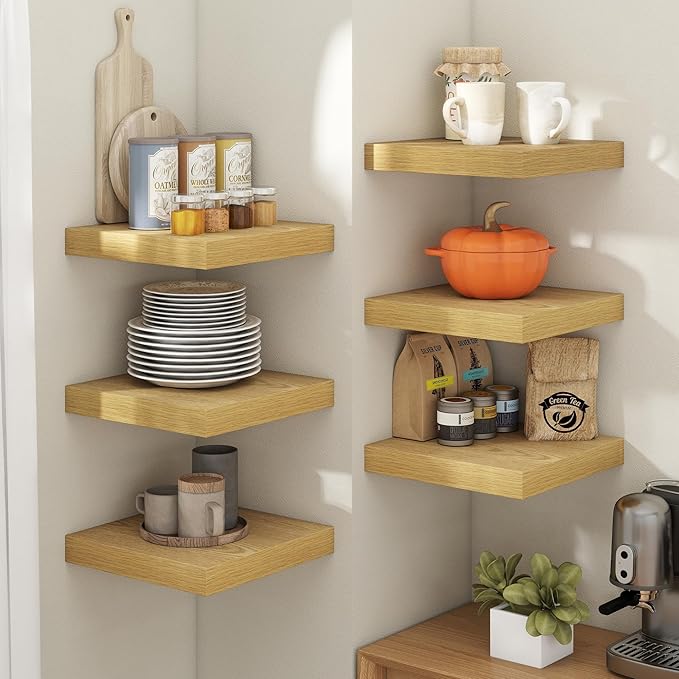 Floating Shelves for Wall with Invisible Brackets, Wall Mounted Engineered Wood Shelves with Wood Grain for Living Room, Bedroom, Bathroom, Kitchen Decor and Storage, Oak, 12"L Set of 3, Oak