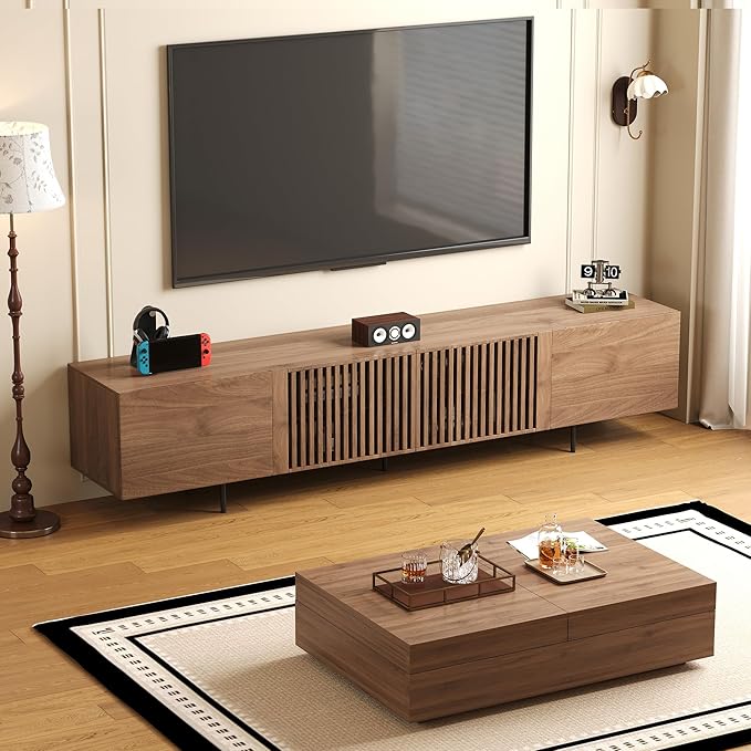 Mid-Century Modern TV Stand & Expandable Coffee Table Set, Walnut Finish, Stylish Storage Combo for Living Room or Bedroom (70.87" TV Stand+Coffee Table)