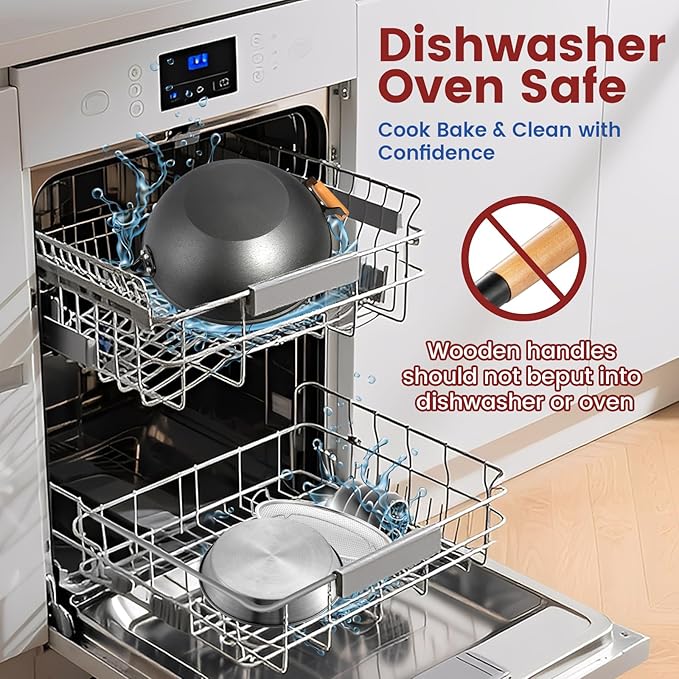 AOSION 13'' Nonstick Wok, Cast Iron Wok with Lid, 5 PCS Wok Pan & Stir-Fry Pans Set with Oil Filter Tray and Spatula, No Chemical Coated Flat Bottom Chinese Woks Pan for All Stoves