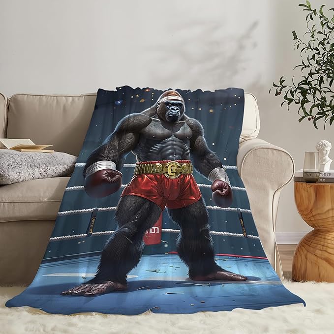 Gorilla Boxing Throw Blanket, 60"x80", Black, 100% Microfiber, Heavy Weight, Water Resistant, Perfect for Couch, Bed, Camping, Gift