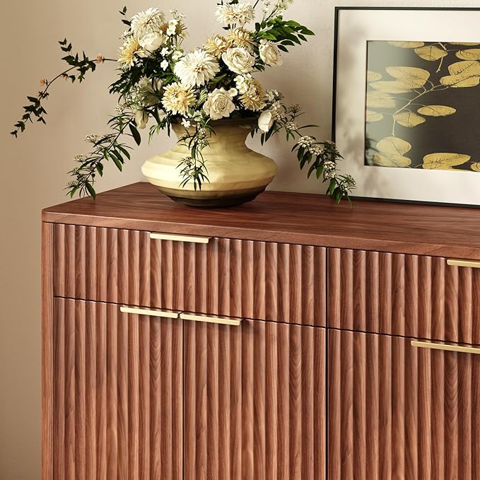 Evermagin 67" Fluted Walnut Sideboard Buffet Cabinet with 3 Drawers, Modern Credenza with Storage, Console Coffee Bar Cabinet for Kitchen, Living Room and Entryway (67" W x 31.5" H x 15.7" D)