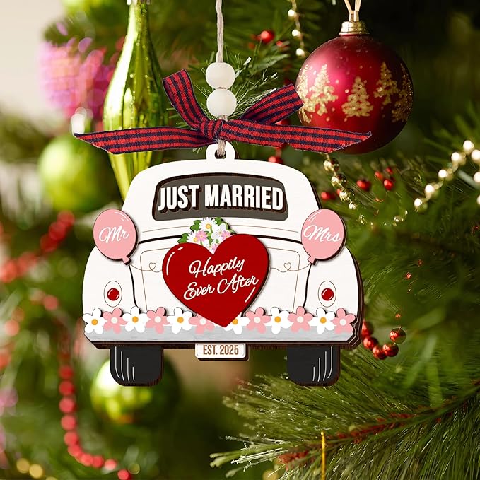 Wedding Gifts for Couples 2025, First Christmas Married Ornament 2025 - Just Married Wooden Ornament - Mr and Mrs Bridal Shower Gifts for Bride Newlyweds, Wedding Gift for Christmas Decorations