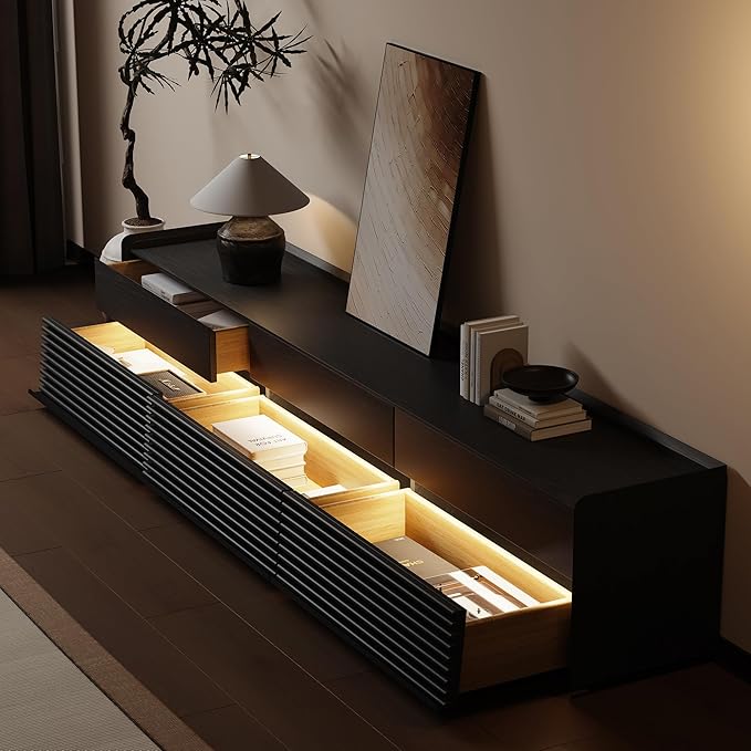 POVISON Fully-Assembled Mid Century Modern TV Stand, 94.49" Wood Media Console with Adjustable LED Light, Entertainment Center with Storage for Living Room(Black)