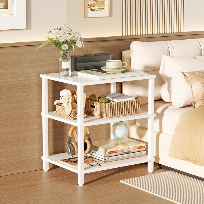 LELELINKY 3-Tier AV Media Player Stand Set of 2, White Stereo Cabinet, Wooden TV Stand,Game Console Shelf, Multifunctional Entertainment Center, Suitable for Home, Conference Room, Game Studio