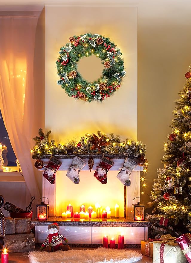 24 Inch Prelit Christmas Wreath for Front Door, Battery Operated LED Christmas Wreath with Pine Needles Branches Hari Leaves Red Berry Pine Cones, Lighted Wreath Wall Windows Decoration