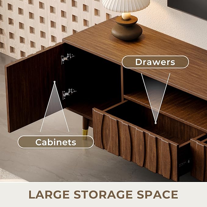 Mid-Century Modern TV Stand and Glass Display Cabinet Entertainment Center Set Media Console with Wine Cabinet Lighted Showcase Storage and Drawers for Living Room Office (102" W 2-Piece Set - AC)