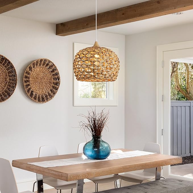Boho Pendant Lights, 15.7" 1-Light Rattan Chandelier Hand-Woven Wicker Pendant Light with Water Hyacinth Shade, Coastal Dome Hanging Light for Dining Room Kitchen Island