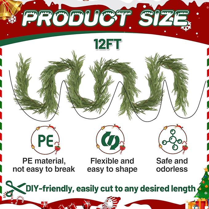 12ft Realistic Christmas Garland Decorations - 1pcs Upgraded Real Touch Greenery Artificial Norfolk Pine Cedar Garland for Fireplace Mantle Table Window Stair Holiday Home Decor