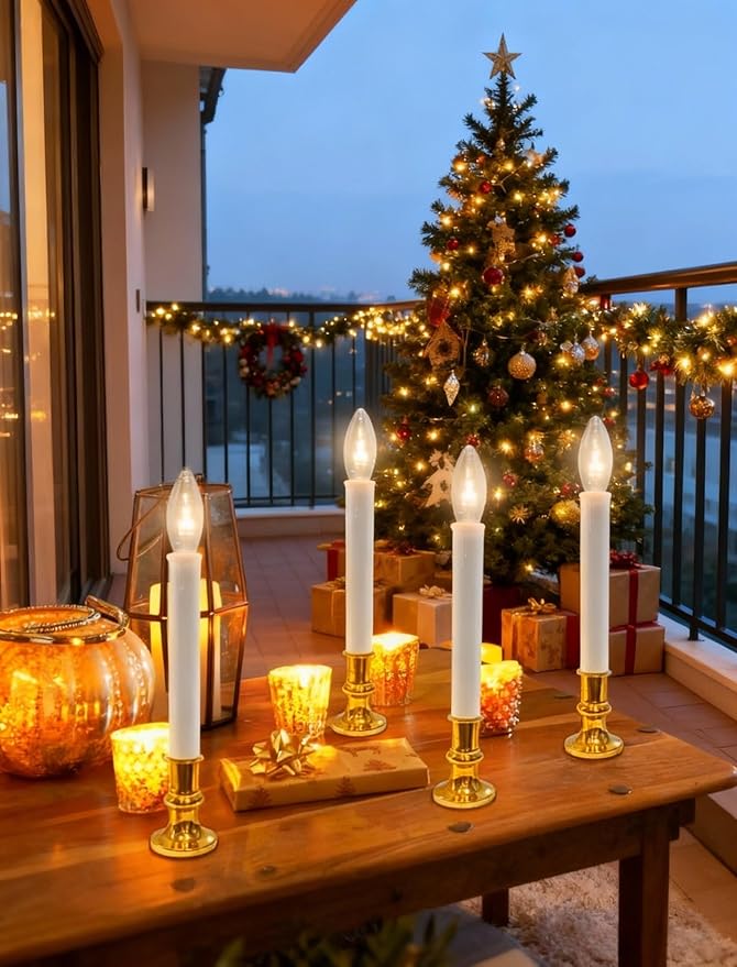 4 Pack Window Candles Battery Operated with Timer,Christmas Window Candle Lamps with Golden Plated Holders&4 Suction Cups,Electric Candles Light for Christmas Dinner Wedding Party Decoration
