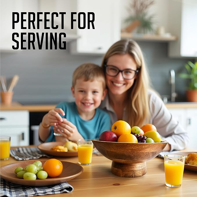 Brown Pedestal Bowl - 12 Inch, Wide Brown Footed bowl as Fruit, Key, Decorative, Candy Holder or Centerpiece, Wooden Bowl Decorative for Kitchen, Dining Table & Modern Home Accessories